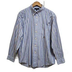 Tommy Hilfiger Shirt Mens L Blue 2 Ply Cotton Striped Button Long Sleeve Golf